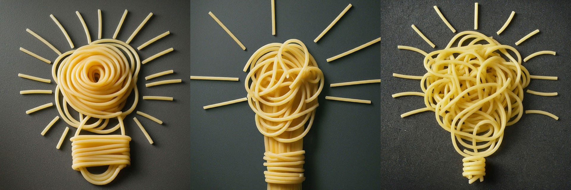 Three AI-generated images of a light bulb drawn out of spaghetti strands.