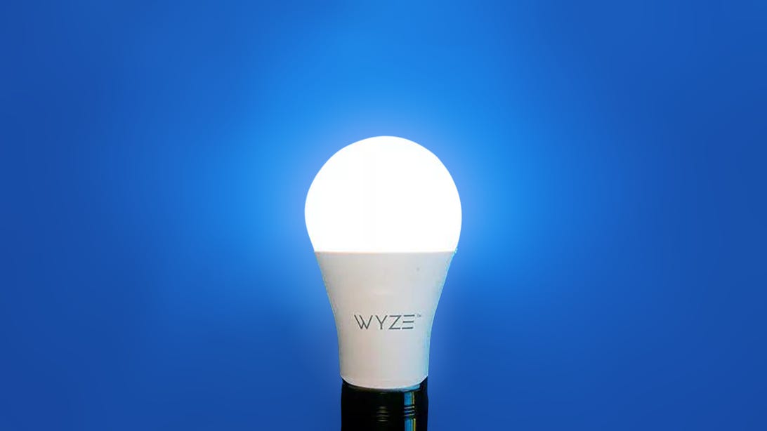 A lit Wyze lightbulb