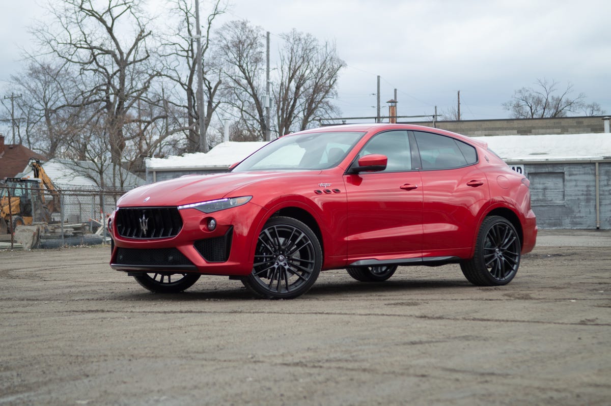2022 Maserati Levante Trofeo in red, seen from the driver side front quarter