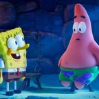 spongebob and patrick stare at each other with wide eyes