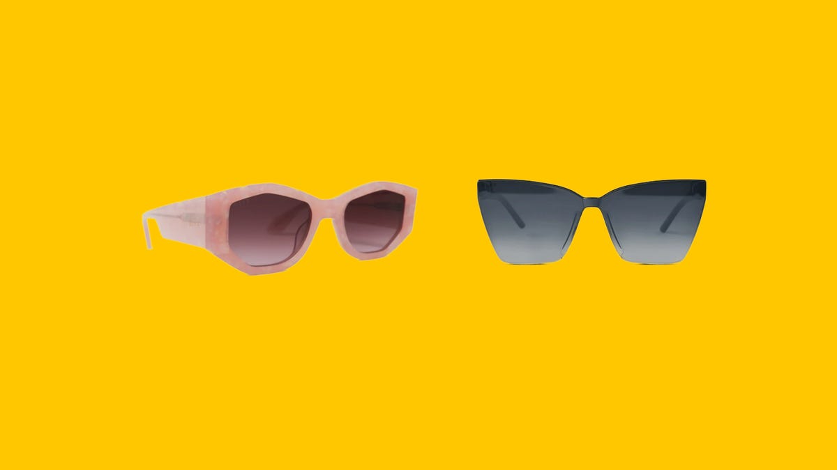 Two pairs of womens sunglasses on a yellow background
