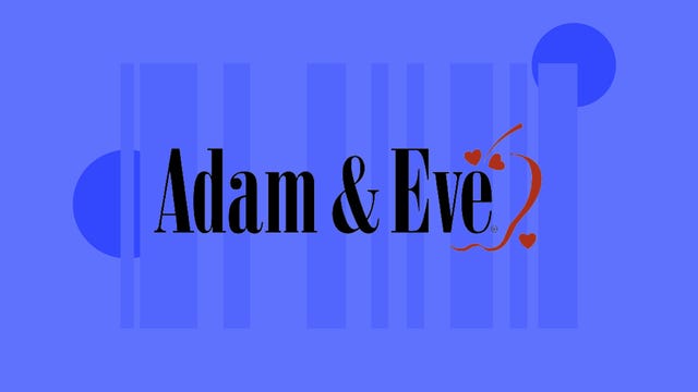 The Adam & Eve logo is displayed against a blue background.