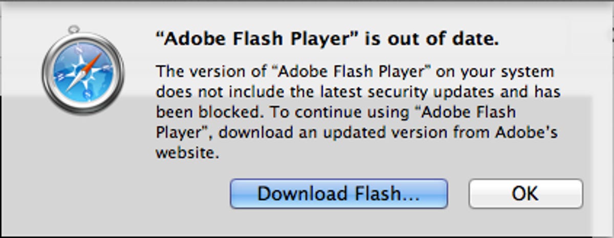 The new warning users see if they're running an older version of Flash.