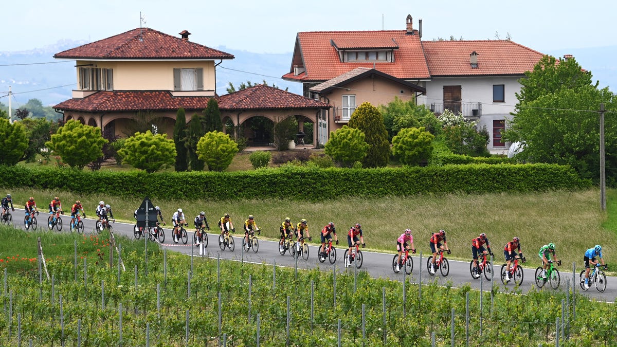 O pelotão passando por vinhedos durante o Giro d'Italia de 2023.