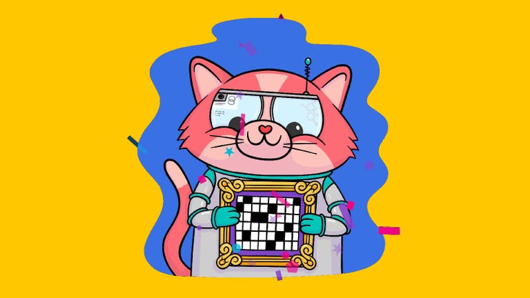 An illustrated cat wearing a space suit holds a framed crossword in its paws.