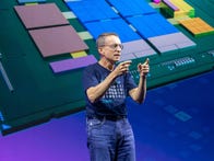<p>Intel CEO Pat Gelsinger, a former chip engineer, points to a T-shirt reading "bringing the geek back" in a September 2019 speech.</p>