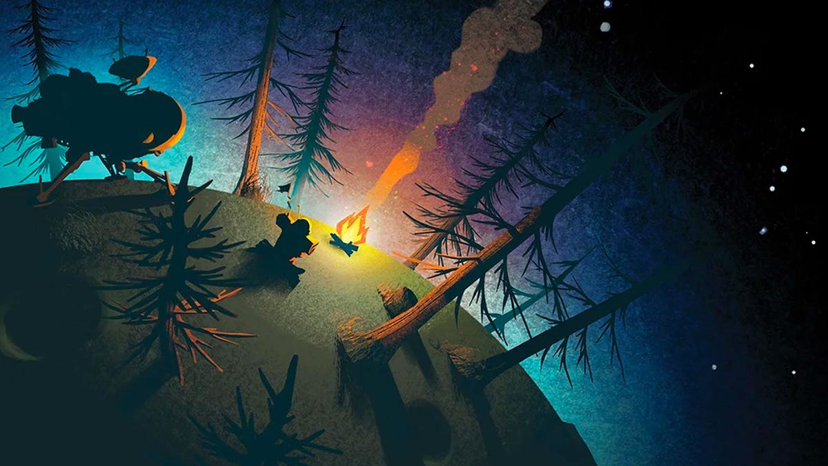 In Outer Wilds, a campfire glows amid stark pine trees under a night sky