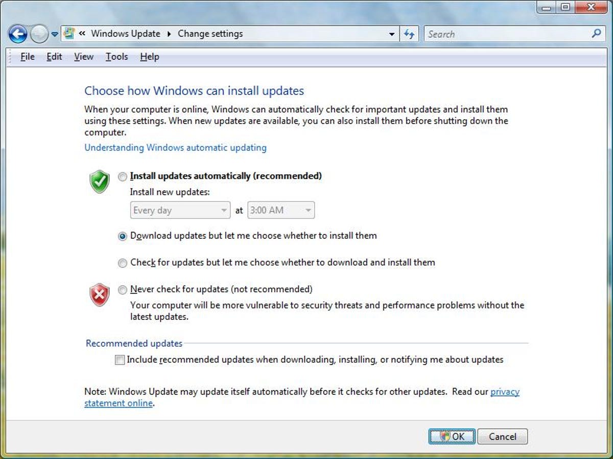 Windows Update Change Settings dialog box