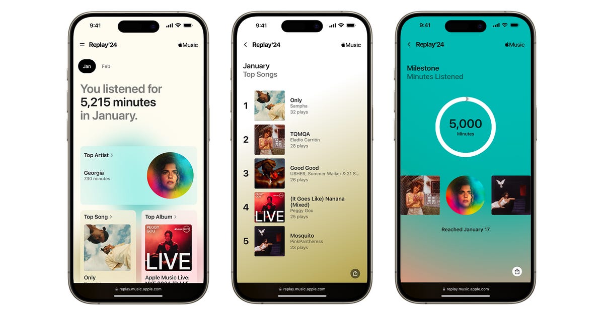Tres pantallas de teléfono que muestran el resumen de escucha de Replay '24 de Apple Music
