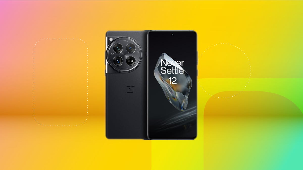 The OnePlus 12 is displayed in both flowy emerald and in silky black against a yellow background.