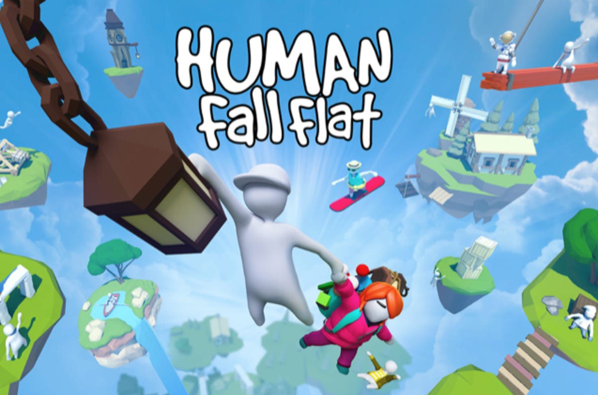 Title card Human: Fall Flat Plus showing a character holding a lantern with one arm and holding another character with the other arm