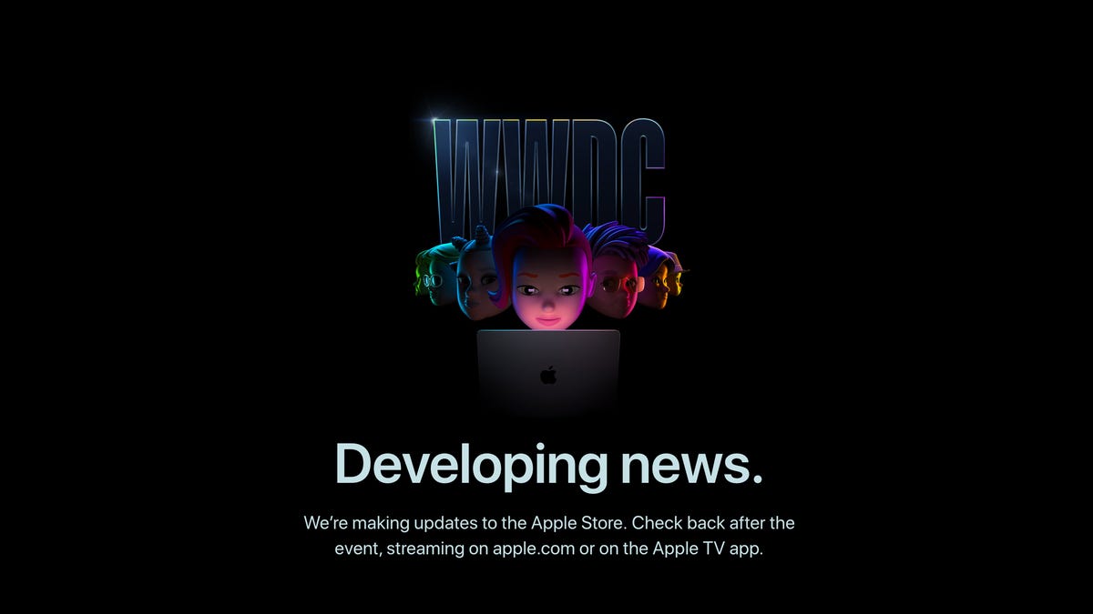Apple Store down page for June 6, 2022. Text reads "WWDC -- Developing news. We&apos;re making updates to the Apple Store. Check back after the event, streaming on Apple.com or on the Apple TV app."