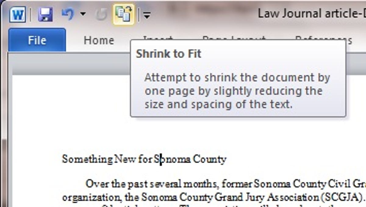 Microsoft Word 2010 Shrink to Fit button on the Quick Access Toolbar