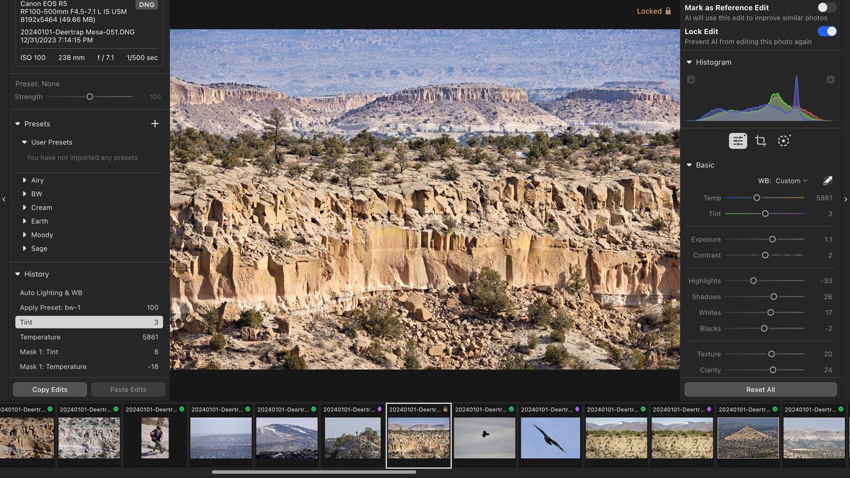 A screenshot of the Polarr Next photo editing app showing a variety of editing controls, presets, and photo collection navigation tools