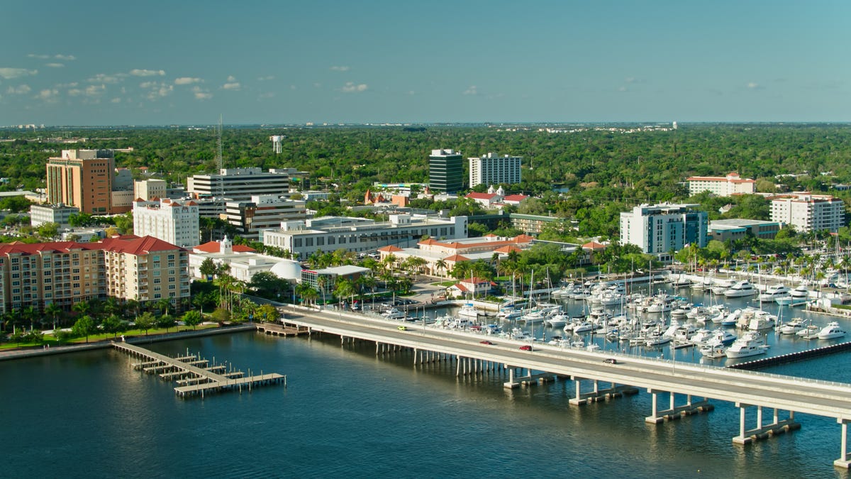 Aerial shot of Bradenton, Florida, a small city in Manatee County, on a sunny day.