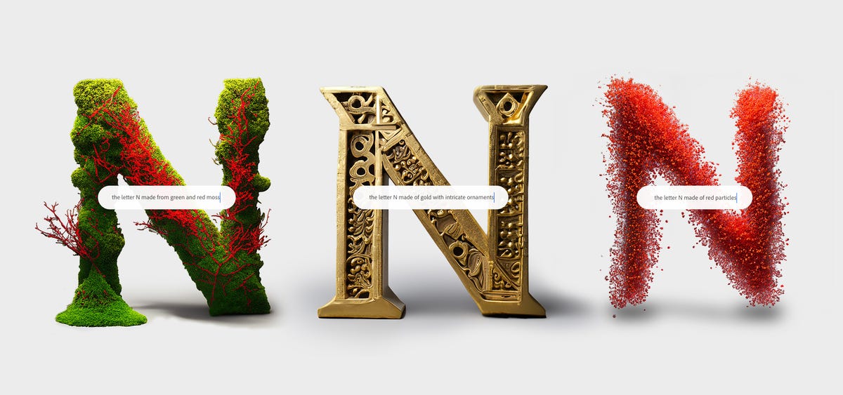 Example Adobe Uses Generative Ai To Shape The Letter N With Mossy, Gold, Or Textured Or Thousands Of Red Particles.