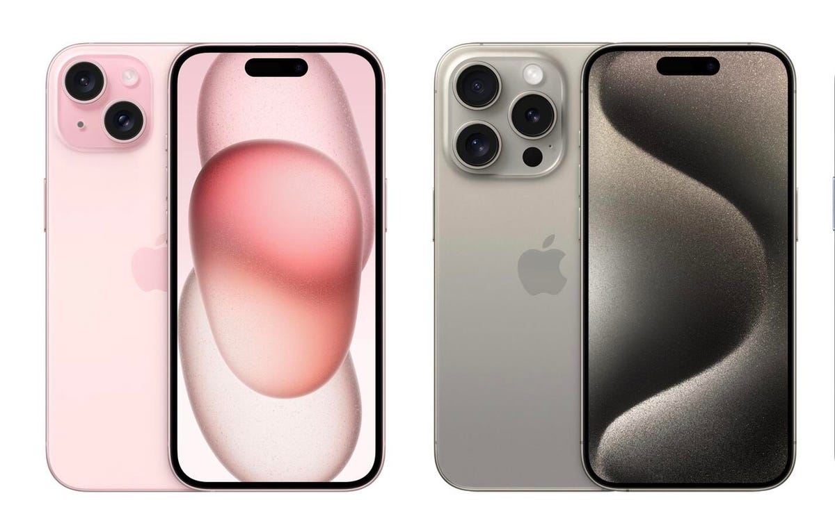 iPhone 15 next to iPhone 15 Pro on a white background
