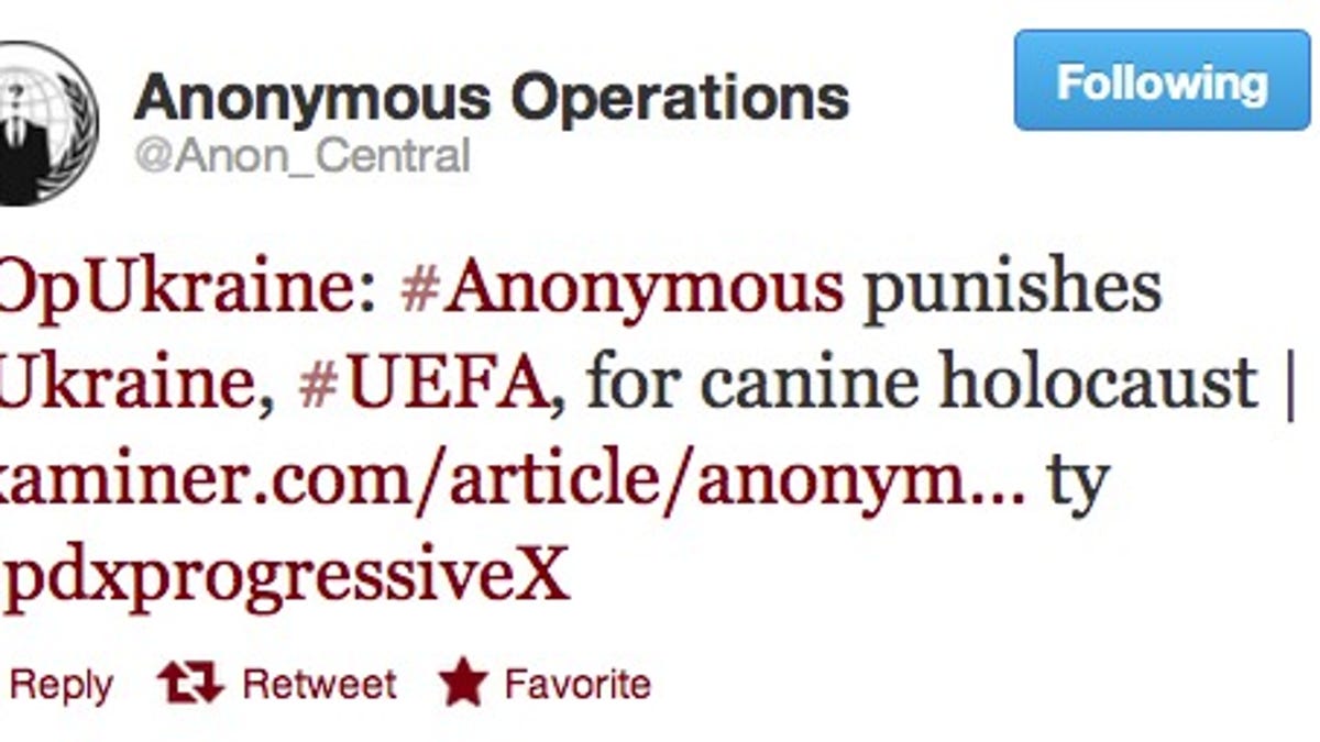Anonymous accounts tweeted about an attack on a Euro 2012 Web site to protest mass killings of dogs ahead of the soccer championship in Ukraine.