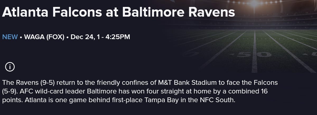 A screenshot showing a program guide listing for the Falcons vs. Ravens.