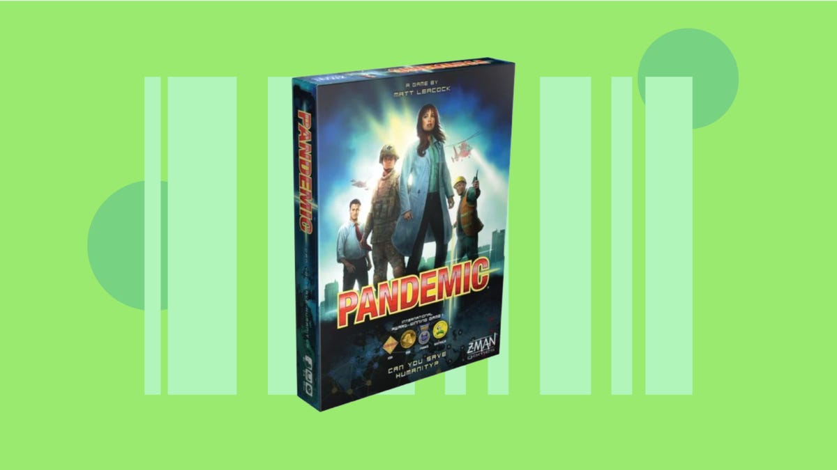 3/4 view of The Pandemic Board Game against a lime green background. Four scientists on the cover.