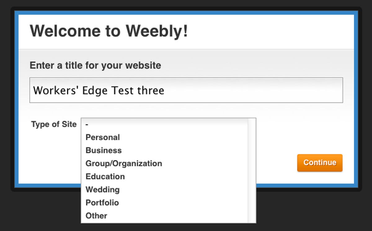 Weebly site-creation service sign-up page