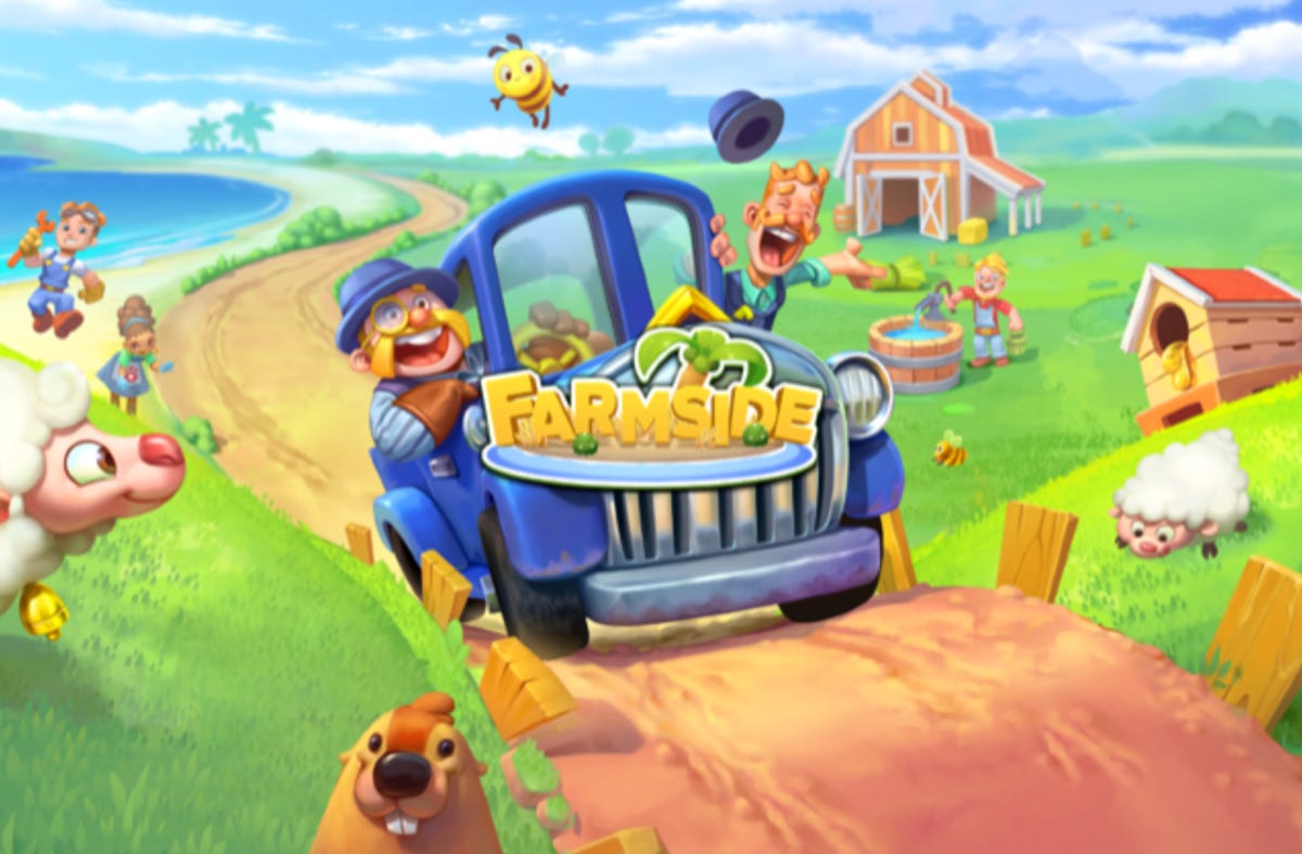 Farmside title card showing a truck with two passengers leaning out the front windows. A farm can be seen in the background