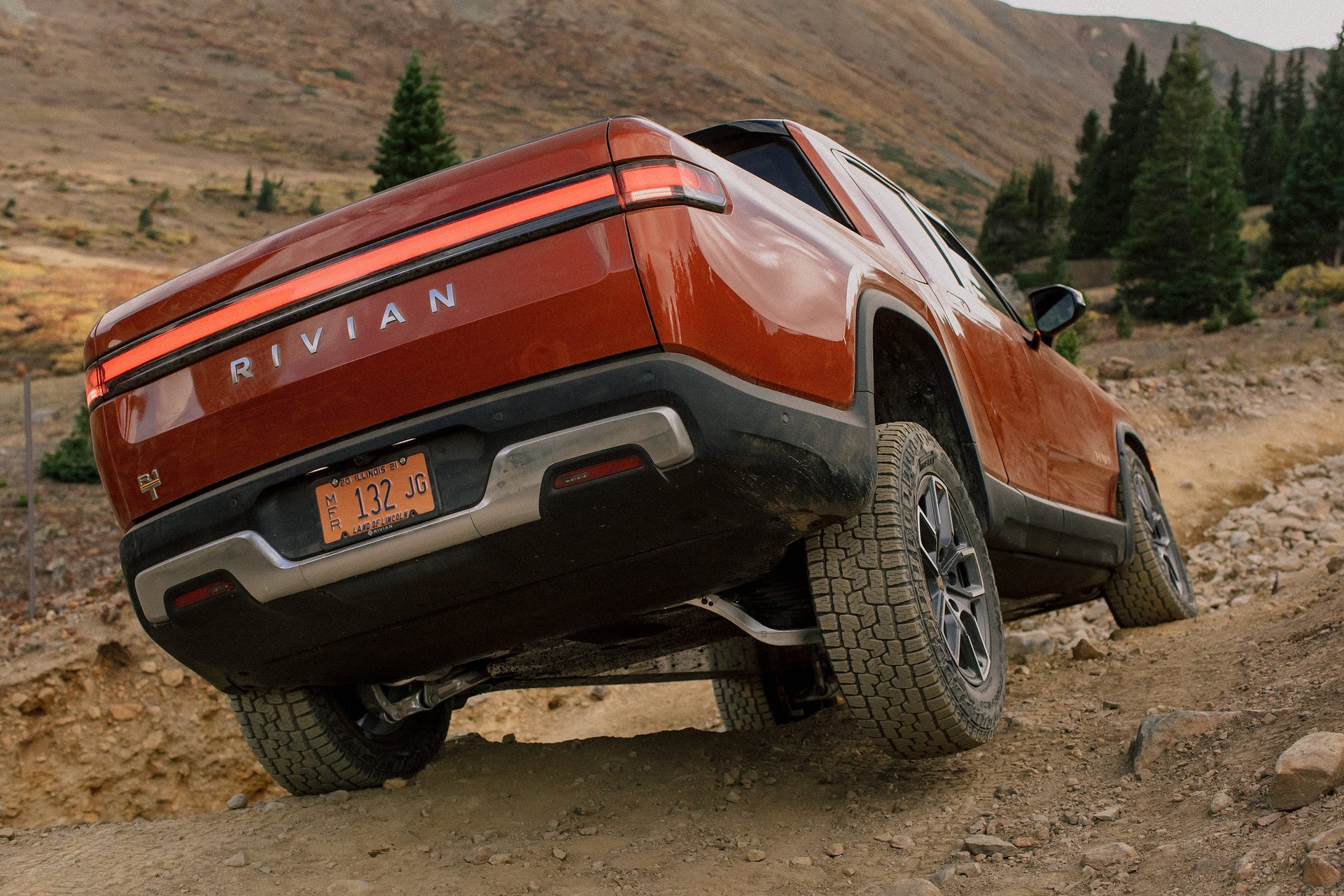 2022 Rivian R1T electric pickup on a rough trail