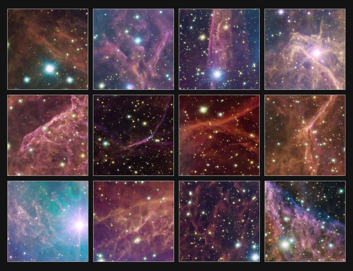 12 boxes highlight snippets of the Vela remnant's biggest moments.