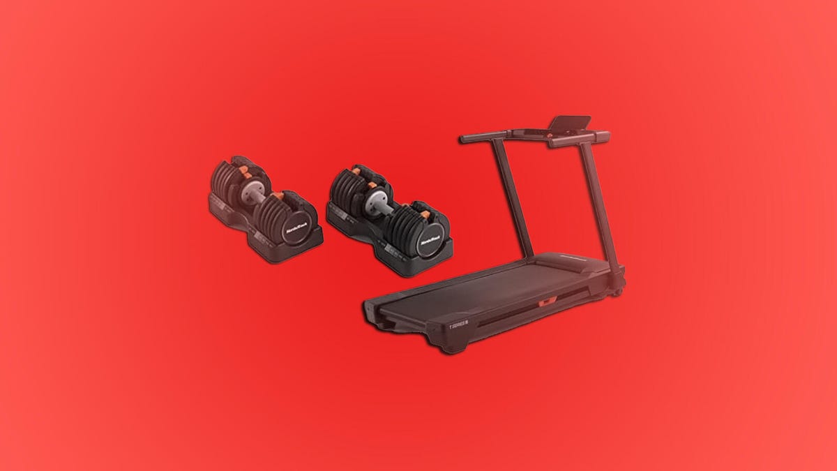 A NordicTrack T-Series 5 and Select-a-Weight adjustable dumbbells against a red background