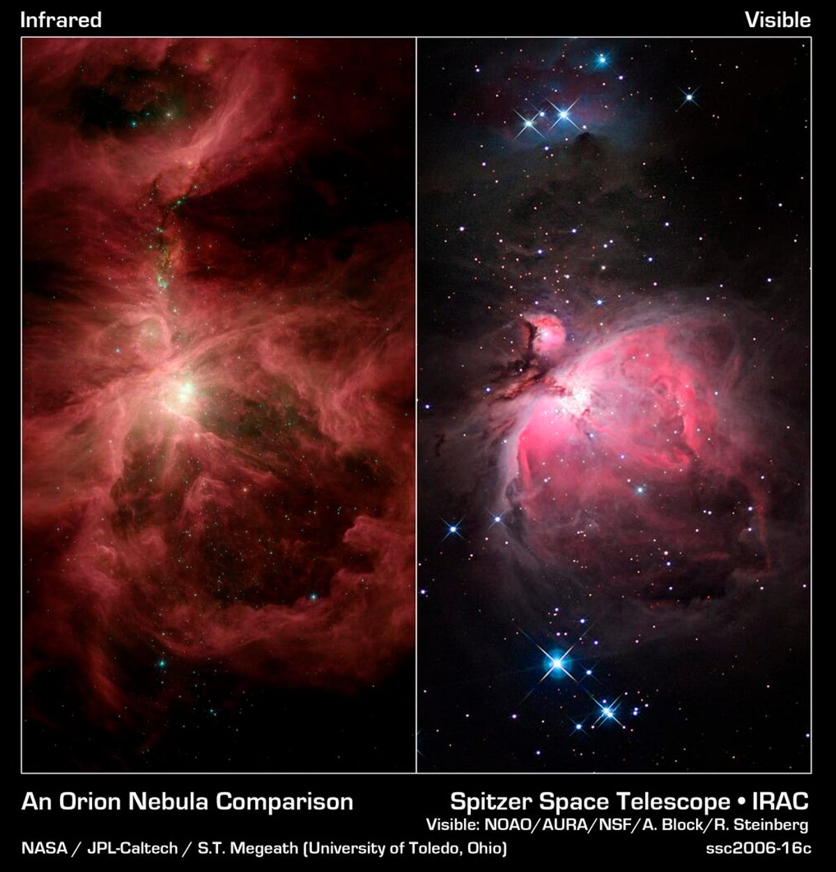 A comparison of the vivid Orion nebula in infrared and non-infrared views.