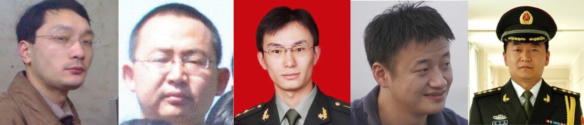 The US accused five Chinese military officers of cyberespionage. From left to right: Wen Xinyu, Wang Dong, Gu Chunhui, Huang Zhenyu, and Sun Kailiang.