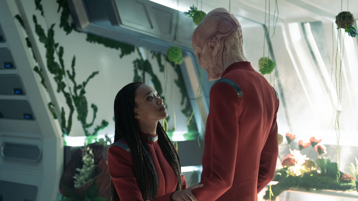 woman and alien being in Star Trek look at each other
