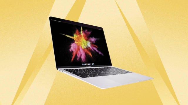 The Apple MacBook Air M1 is displayed against a yellow background.