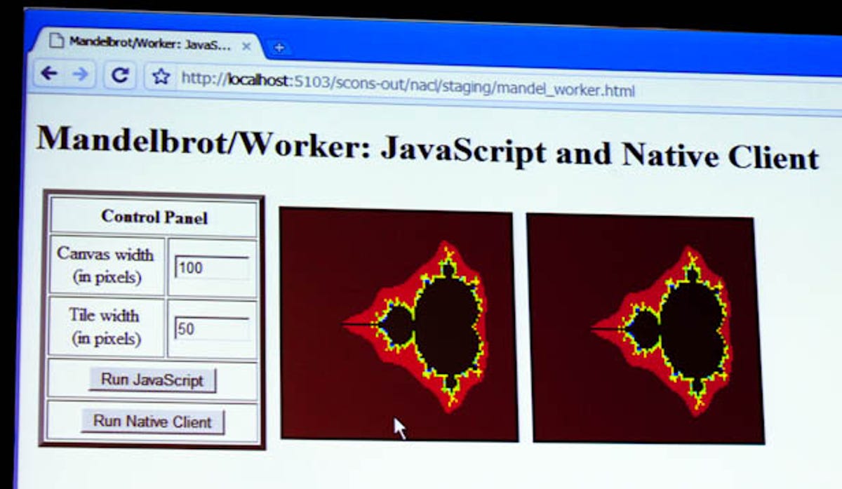 This fractal graphics demo showed off a forthcoming Chrome ability to access Native Client applications through the HTML 5 Web Worker standard.