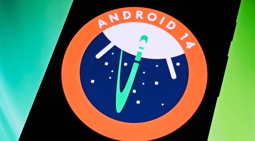 Android 14 logo on a phone