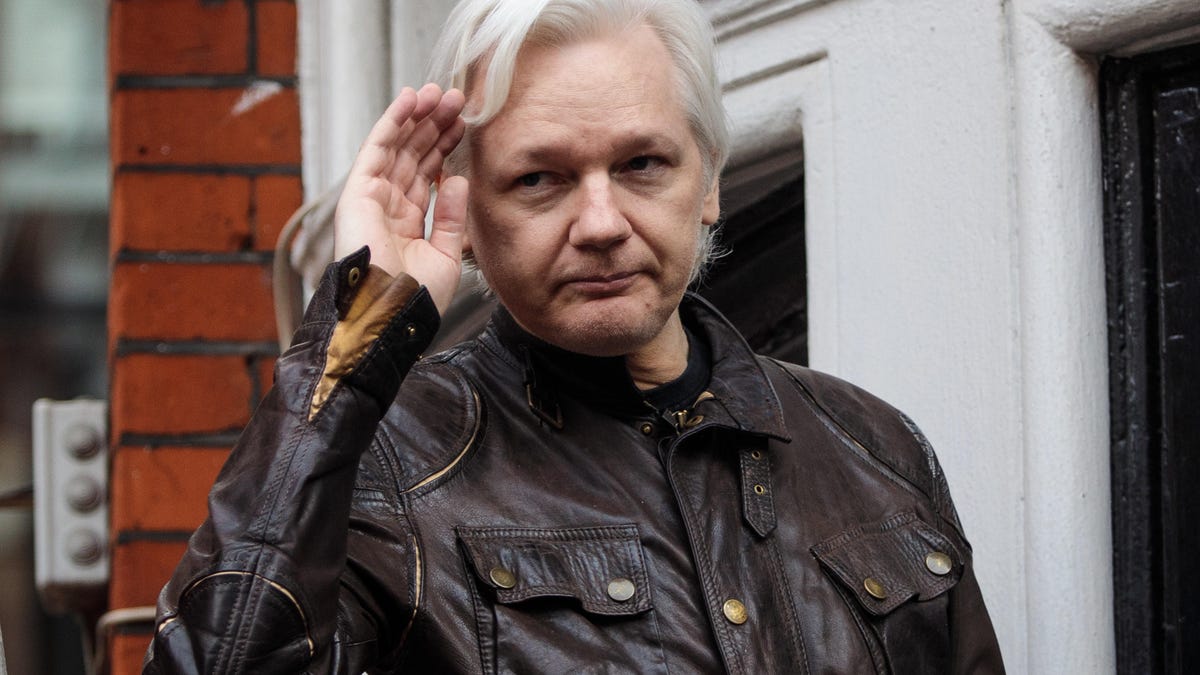 Julian Assange on the balcony of the Ecuadorian Embassy in London in 2017.