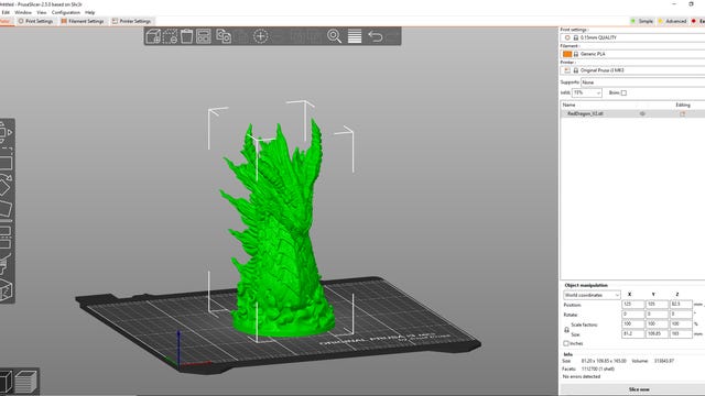 Prusa Slicer software with a green dragon in the center