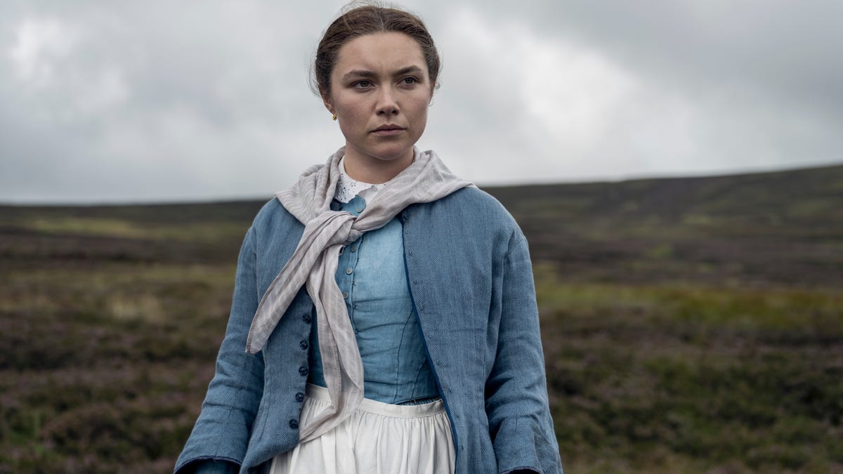 Florence Pugh in a cold-looking field
