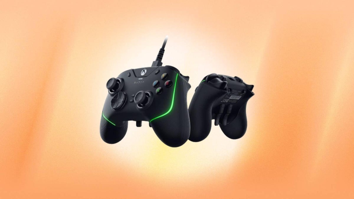 The Razer Wolverine V2 Chroma Wired Gaming Pro Controller for Xbox Series X|S is displayed against an orange background.