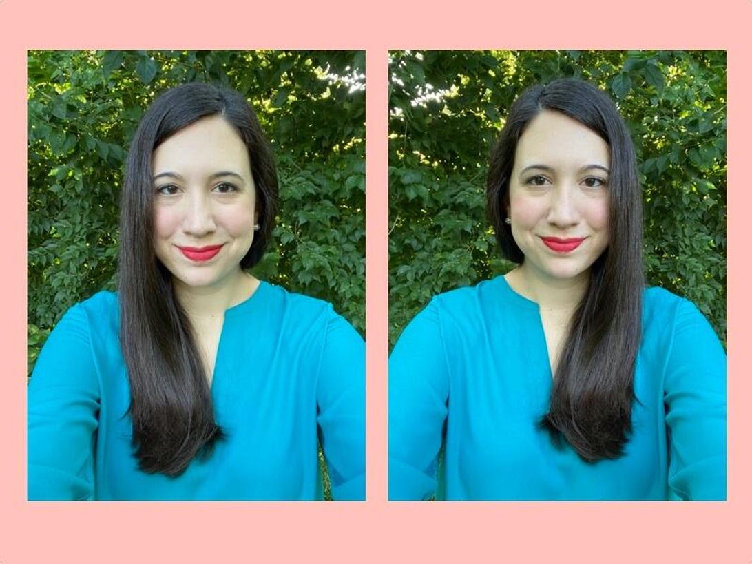 A selfie of a woman in default mode versus a selfie with Mirror Front Photos turned on 
