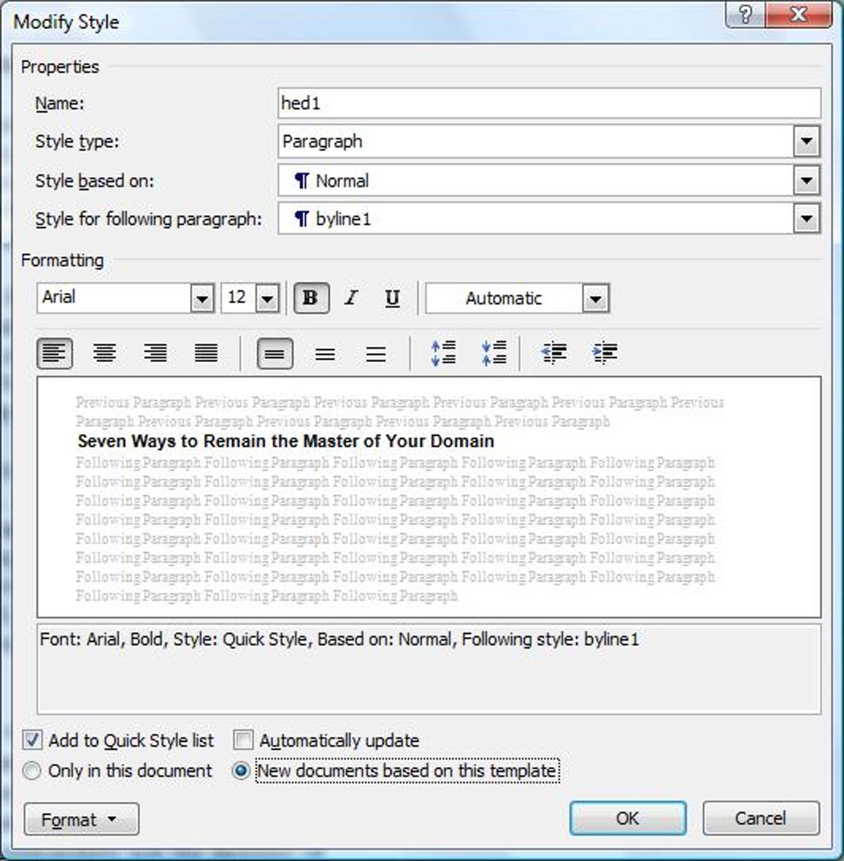 Microsoft Word 2007's Modify Style dialog box