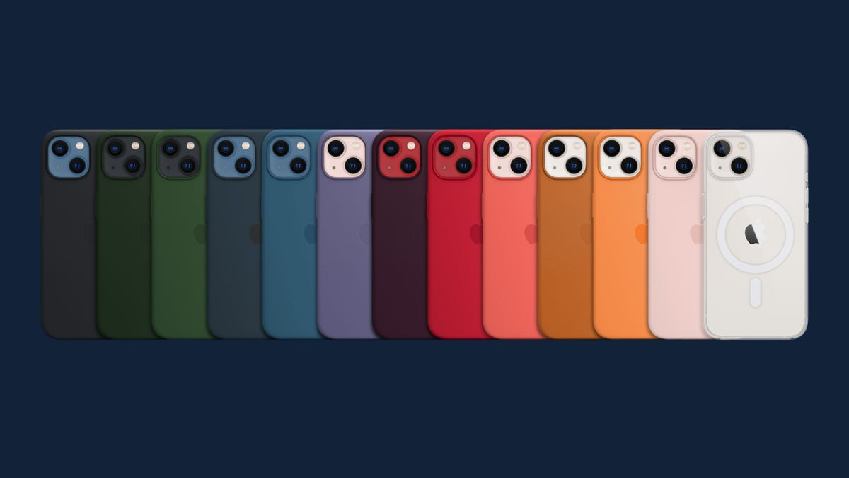 Many different colored iPhones in a line.