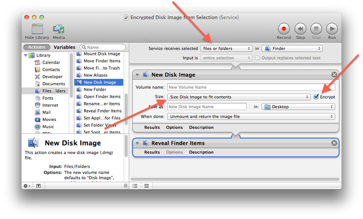 Encrypted disk image Automator workflow