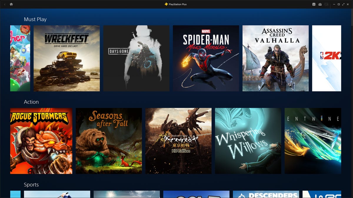 PlayStation Plus' PC home screen with thumbnails for Wreckfest, Days Gone, Spider-Man Miles Morales, Assassins Creed Valhalla and more