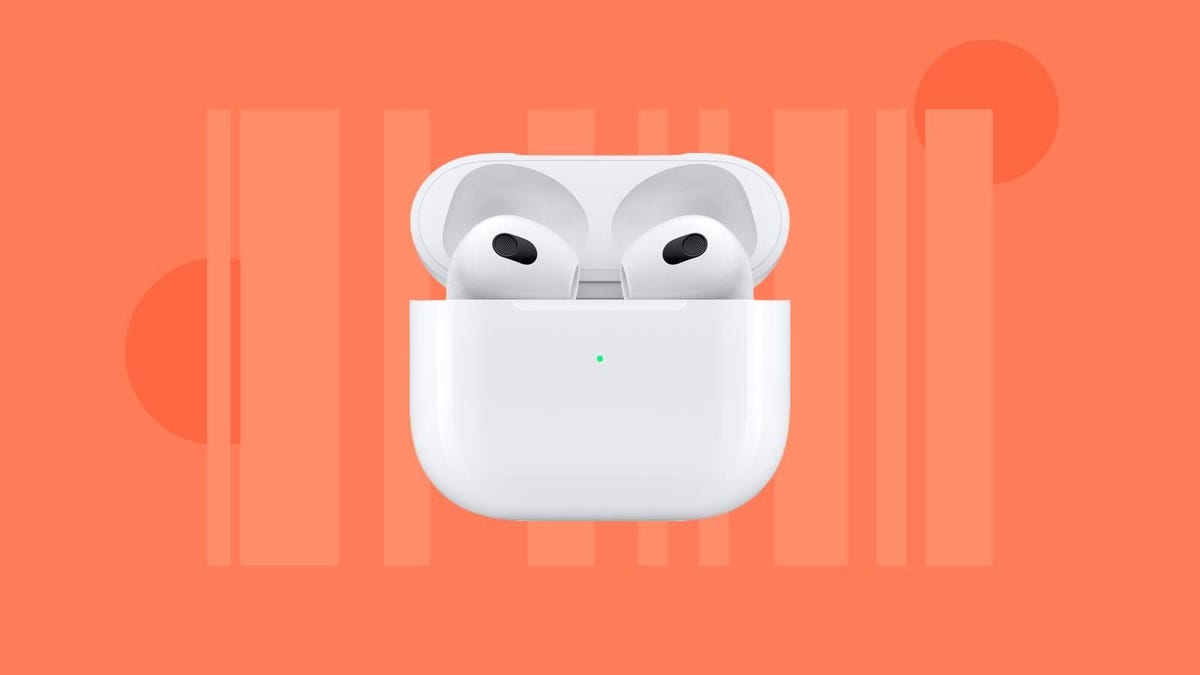 Apple&apos;s AirPods 3 are displayed against an orange background.