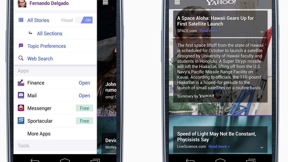 Yahoo app on Android, featuring news summaries.
