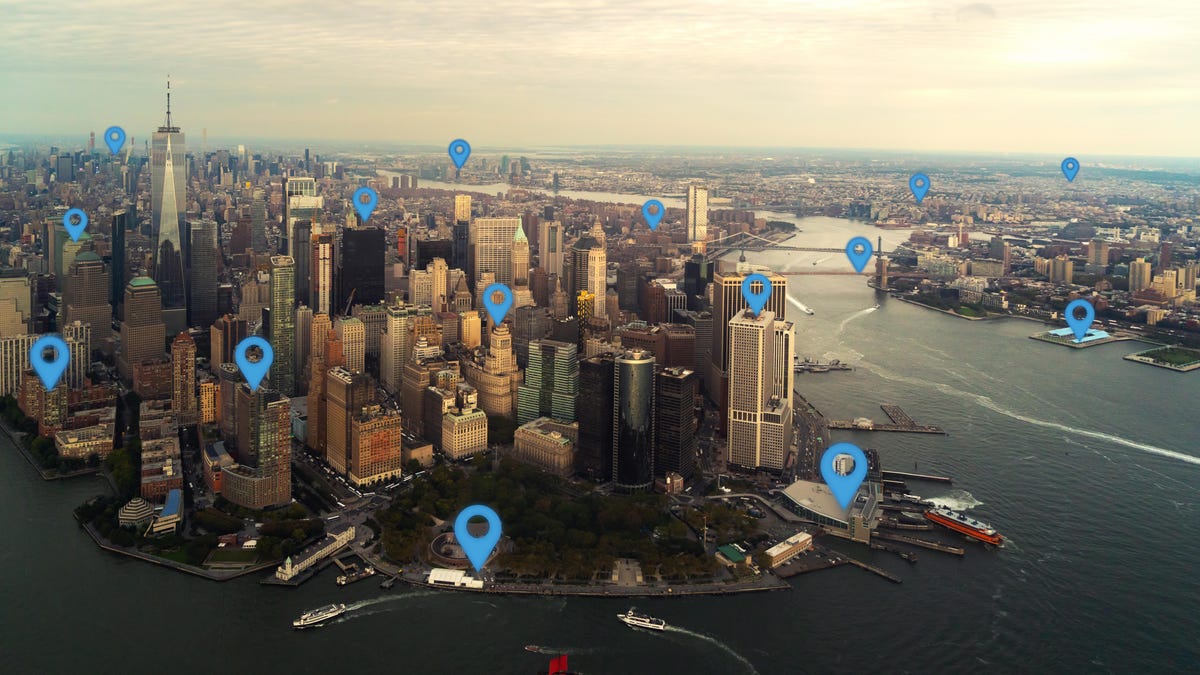 Map pin flat in New York city scape and network connection concept