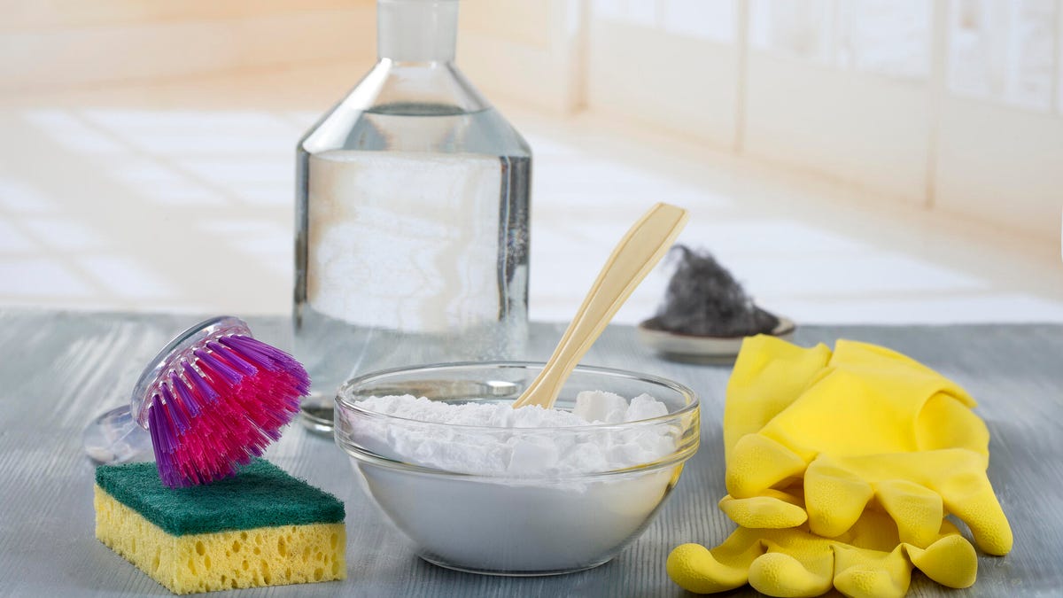 cleaning supplies on a counter