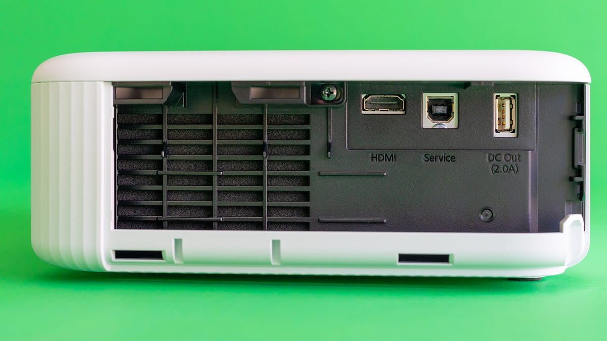 The Epson CO-FH02 with its side panel removed showing its HDMI and USB connections.