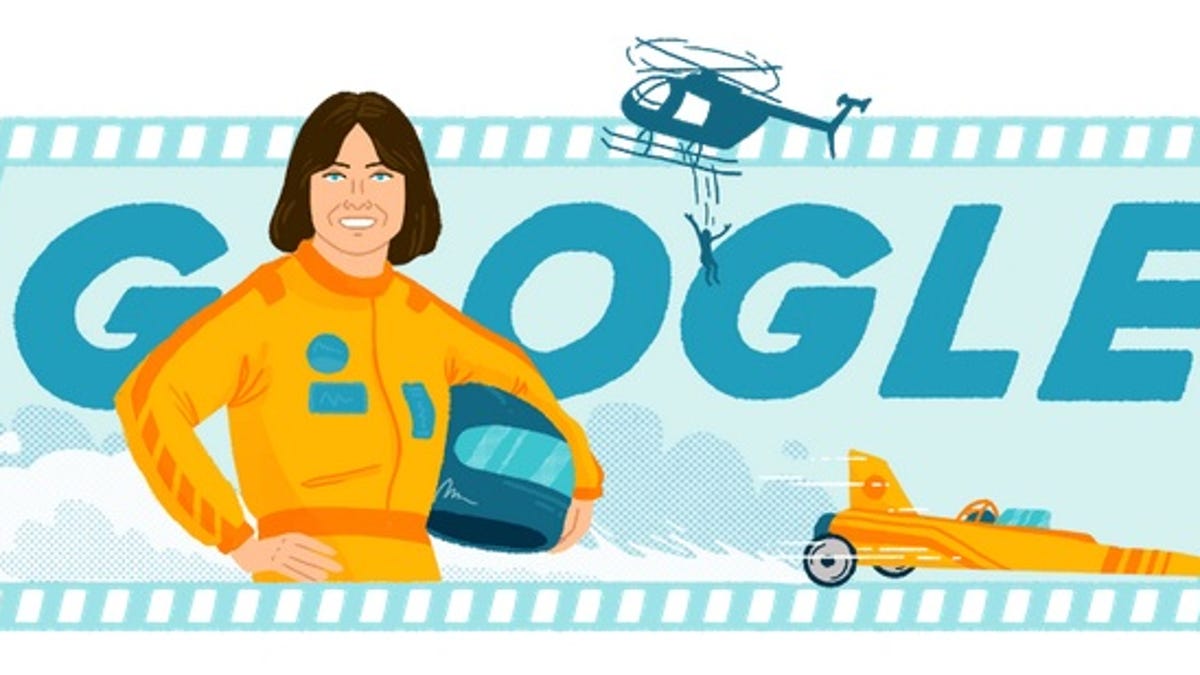 Google doodle showing a woman holding a racing helmet.